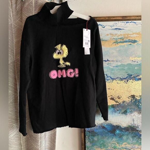 Ochirly x peanuts black turtleneck sweater with one shoulder bare size medium - Picture 14 of 15